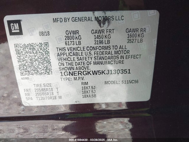 1GNERGKW5KJ130351 Chevrolet Traverse 1lt
