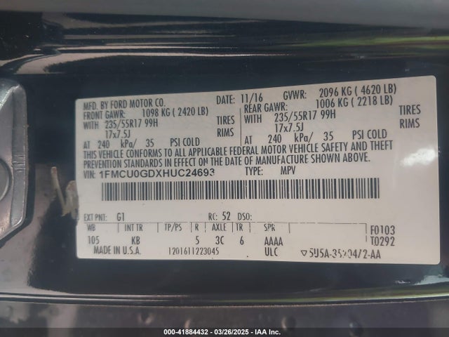 1FMCU0GDXHUC24693 Ford ESCAPE SE