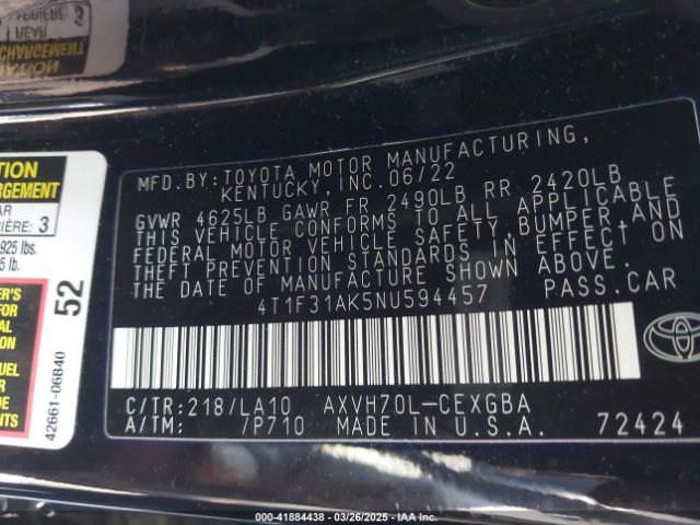 4T1F31AK5NU594457 Toyota Camry Xle Hybrid