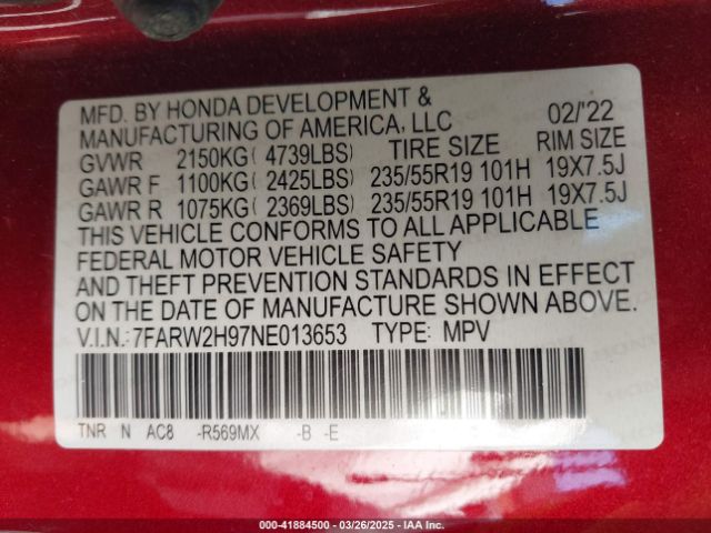 7FARW2H97NE013653 Honda Cr-v Awd Touring