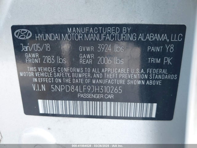 5NPD84LF9JH310265 Hyundai ELANTRA SEL
