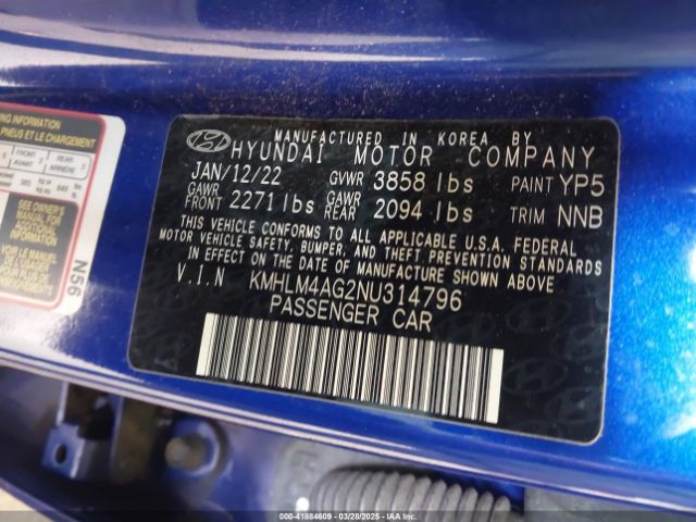 KMHLM4AG2NU314796 Hyundai ELANTRA SEL