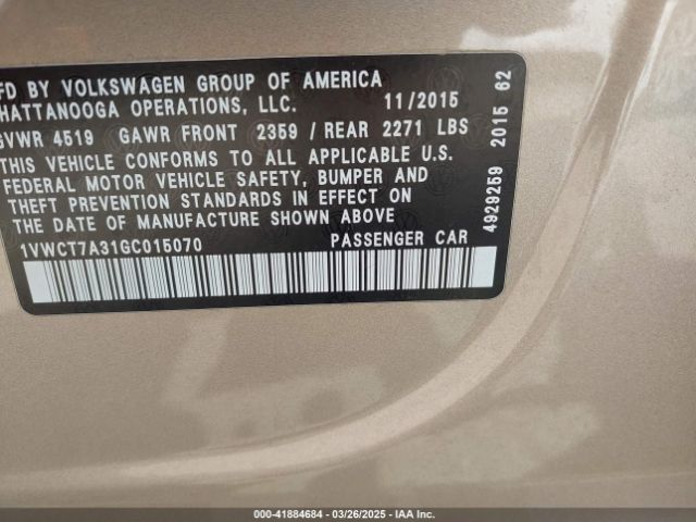 1VWCT7A31GC015070 Volkswagen Passat 1.8t Sel Premium