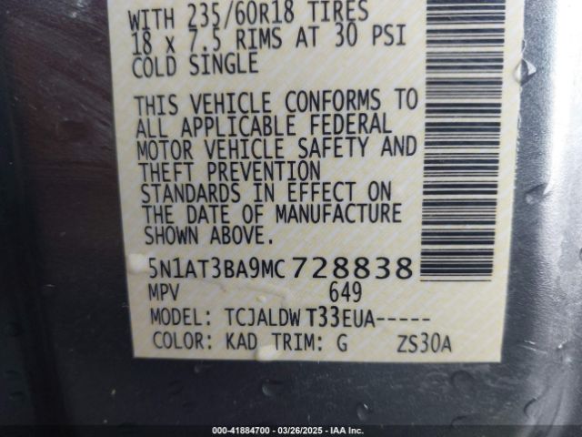 5N1AT3BA9MC728838 Nissan Rogue Sv Fwd