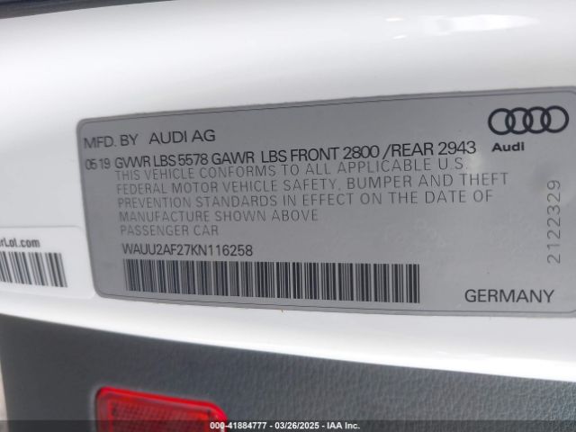 WAUU2AF27KN116258 Audi A7 55 Premium