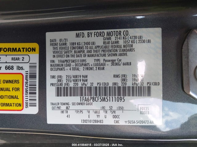 Продаж на аукціоні авто 2021 Ford Mustang Gt Premium Fastback, vin: 1FA6P8CF5M5111095, номер лоту: 41884815