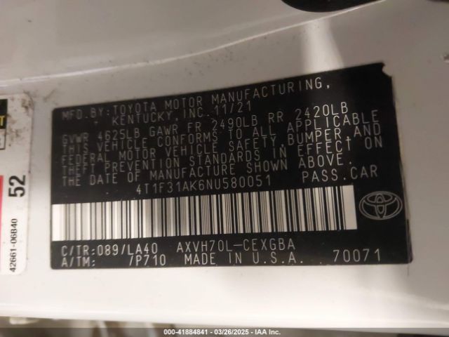4T1F31AK6NU580051 Toyota Camry Xle Hybrid