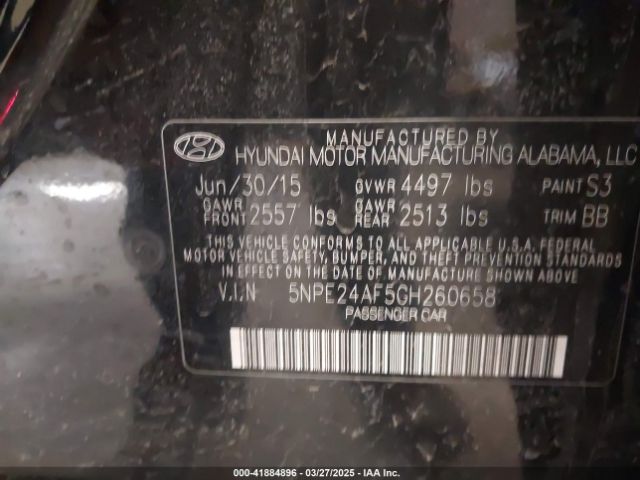 5NPE24AF5GH260658 Hyundai SONATA SE