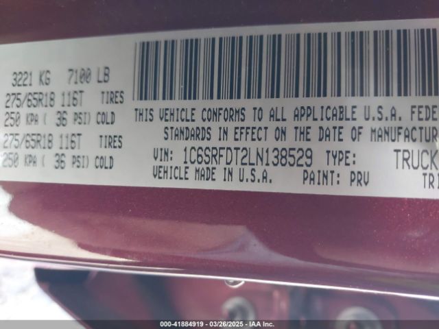 1C6SRFDT2LN138529 RAM 1500 Laramie  4x4 6'4 Box