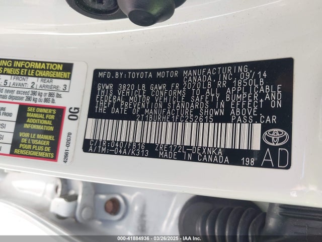 2T1BURHE1FC252615 Toyota COROLLA LE