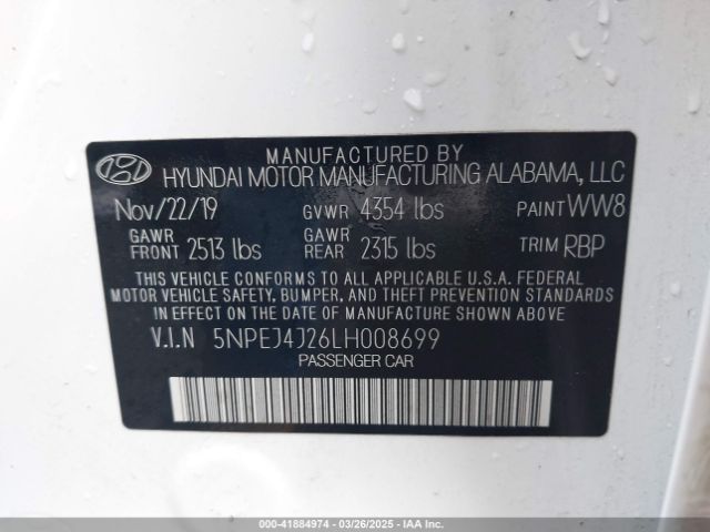 5NPEJ4J26LH008699 Hyundai Sonata Sel Plus