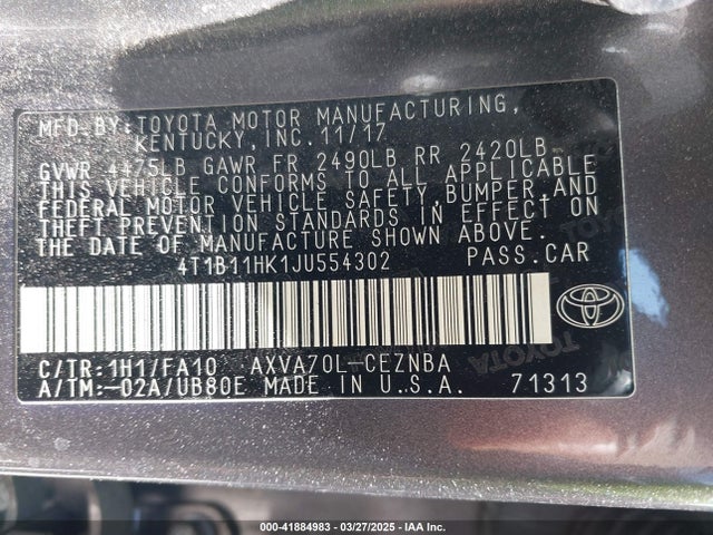 4T1B11HK1JU554302 Toyota CAMRY LE