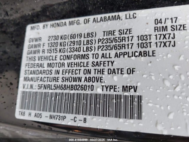 5FNRL5H68HB026010 Honda Odyssey Ex-l