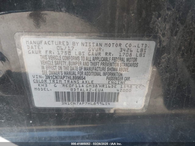 3N1CN7AP7HL899654 Nissan Versa 1.6 S+