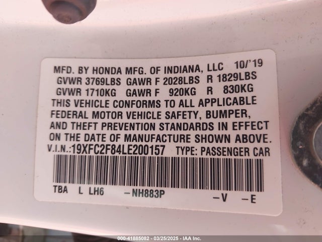 Продажа на аукционе авто 2020 Honda Civic Sport, vin: 19XFC2F84LE200157, номер лота: 41885082