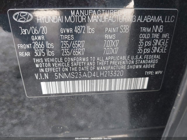 5NMS23AD4LH213320 Hyundai Santa Fe Se