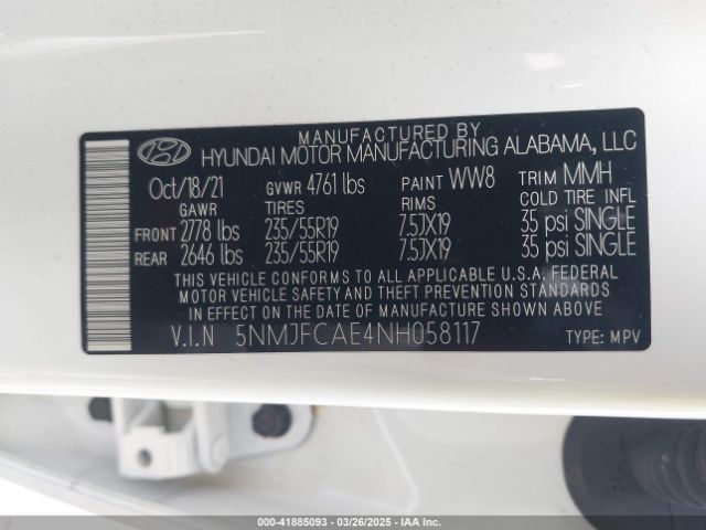 5NMJFCAE4NH058117 Hyundai TUCSON SEL