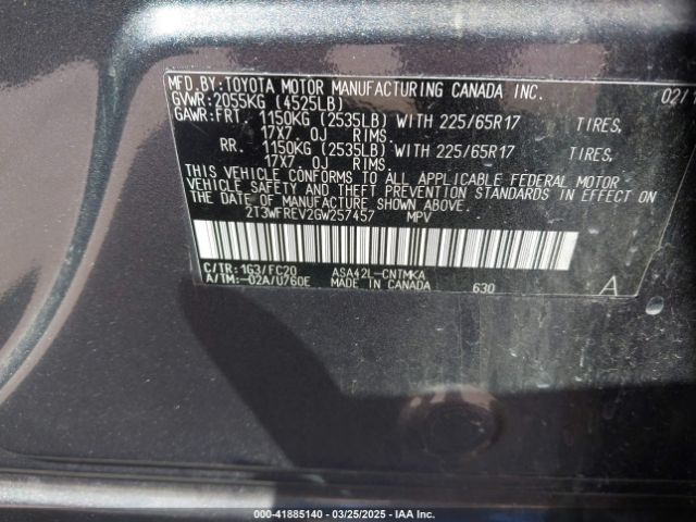 2T3WFREV2GW257457 Toyota Rav4 Xle