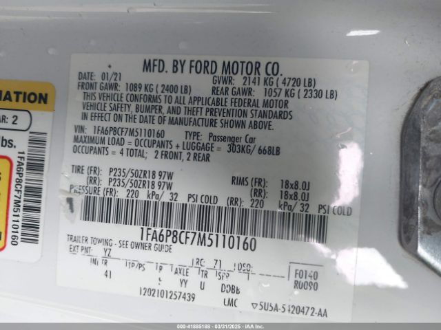 1FA6P8CF7M5110160 Ford Mustang Gt Premium Fastback