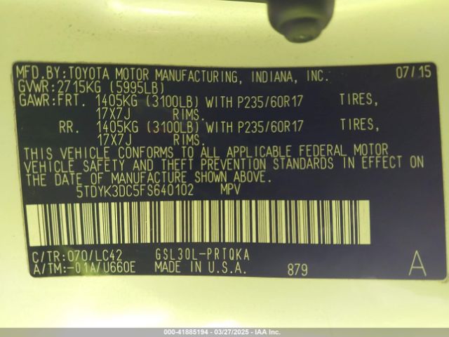 5TDYK3DC5FS640102 Toyota Sienna Xle 8 Passenger