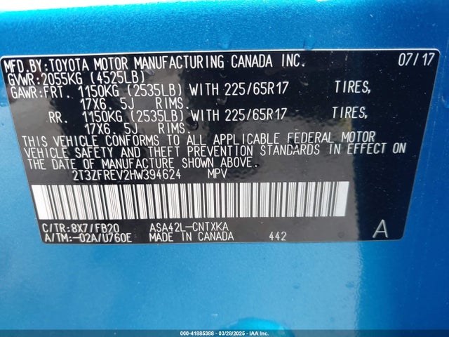 2T3ZFREV2HW394624 Toyota RAV4 LE