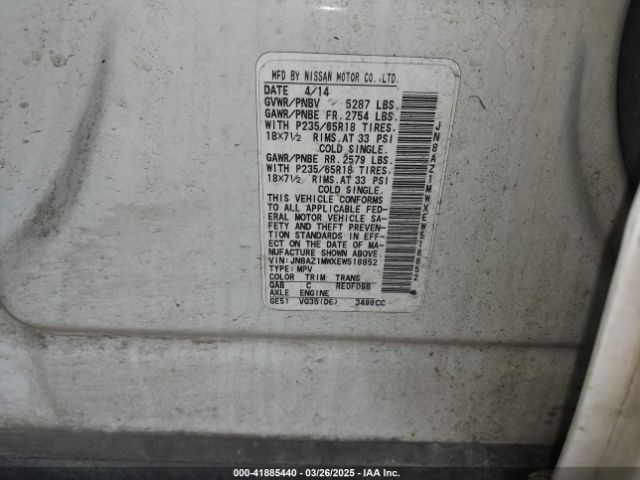 JN8AZ1MWXEW518852 Nissan MURANO S
