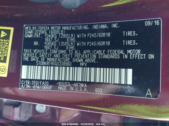 5TDBKRFH5GS338960 Toyota Highlander Le Plus V6