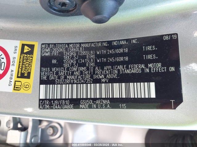 5TDZZRFH1KS347352 Toyota Highlander Le
