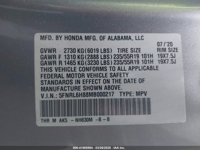 5FNRL6H88MB000217 Honda Odyssey Touring