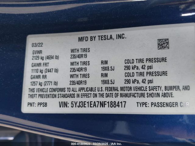 5YJ3E1EA7NF188417 Tesla Model 3 Rear-wheel Drive