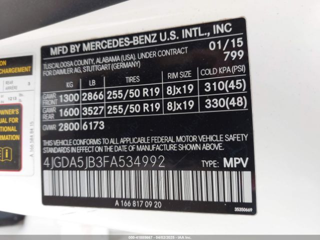 4JGDA5JB3FA534992 Mercedes-Benz ML 350