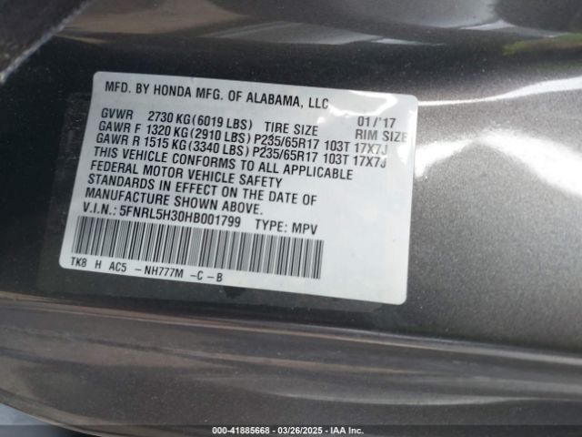 5FNRL5H30HB001799 Honda ODYSSEY SE