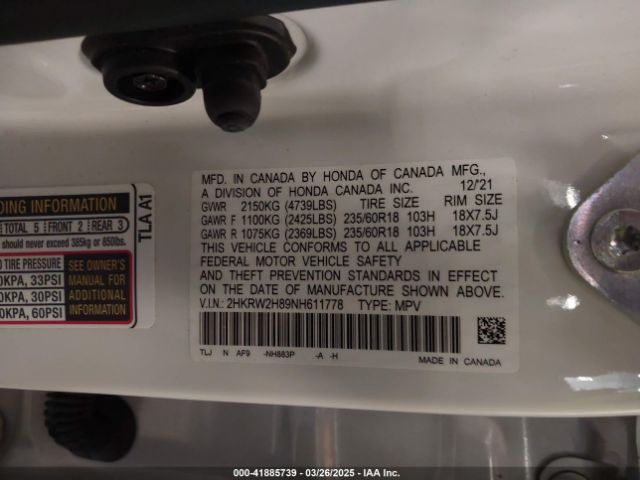 2HKRW2H89NH611778 Honda Cr-v Awd Ex-l