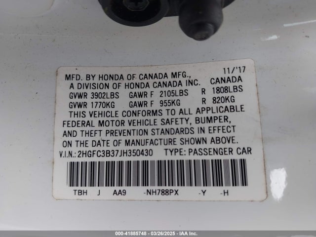 2HGFC3B37JH350430 Honda Civic Ex-t
