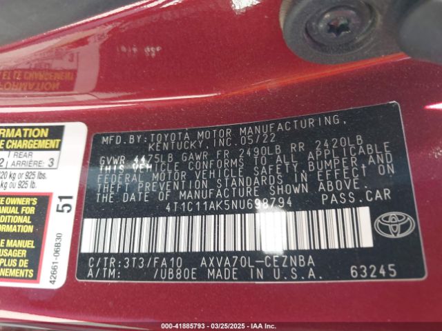 4T1C11AK5NU698794 Toyota CAMRY LE