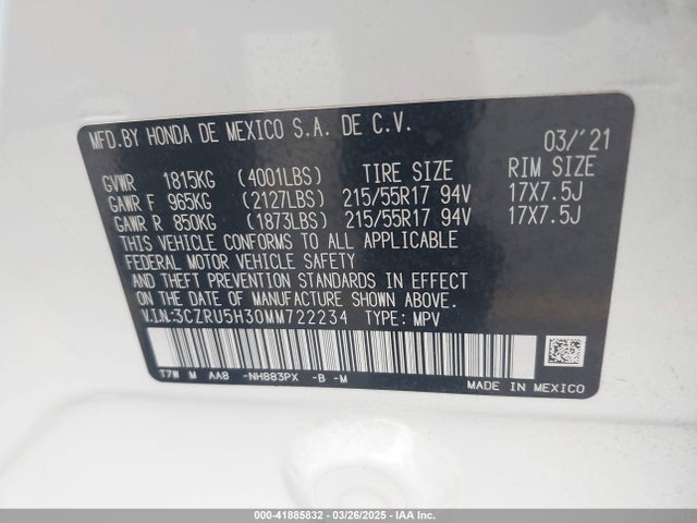 3CZRU5H30MM722234 Honda Hr-v 2wd Lx