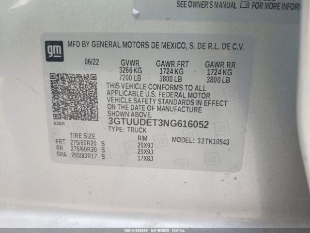 3GTUUDET3NG616052 GMC SIERRA 1500