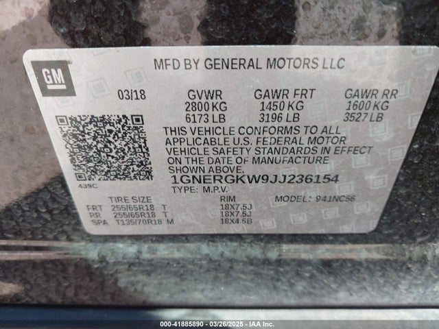 1GNERGKW9JJ236154 Chevrolet Traverse 1lt