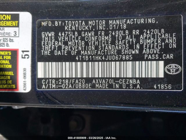 4T1B11HK4JU067885 Toyota CAMRY LE