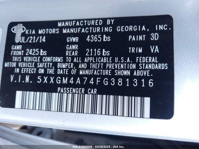 5XXGM4A74FG381316 KIA Optima Lx