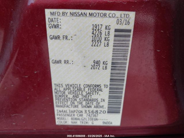 1N4AL3AP2GN356820 Nissan Altima 2.5/2.5 S/2.5 Sl/2.5 Sr/2.5 Sv