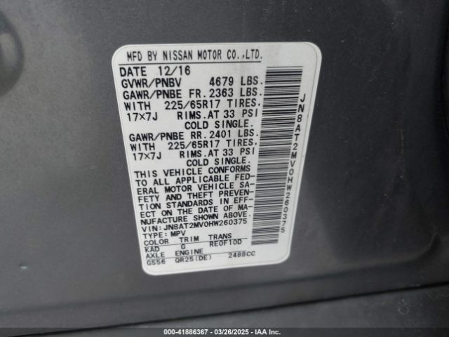 JN8AT2MV0HW260375 Nissan ROGUE SV
