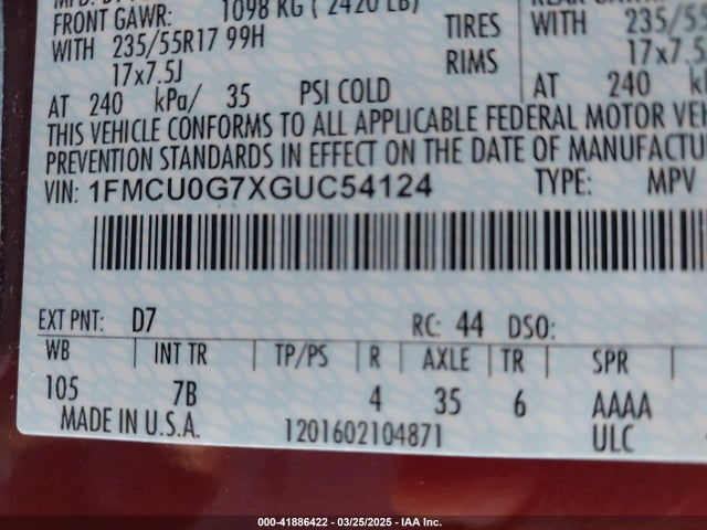 1FMCU0G7XGUC54124 Ford ESCAPE SE