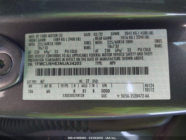 1FMCU9H63NUA34203 Ford ESCAPE SEL