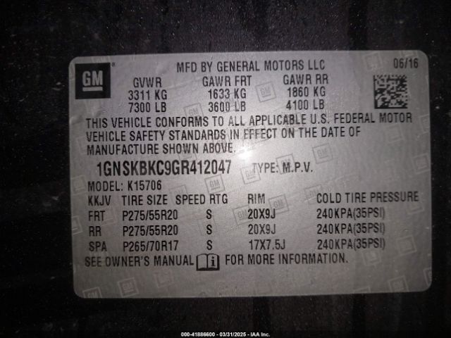 1GNSKBKC9GR412047 Chevrolet Tahoe Lt