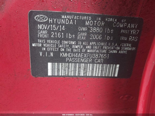 KMHDH4AEXFU387651 Hyundai ELANTRA SE