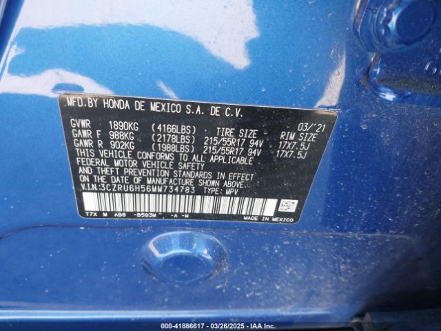3CZRU6H56MM734783 Honda Hr-v Awd Ex
