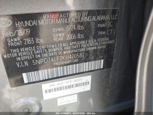 5NPD74LF2KH470587 Hyundai ELANTRA SE