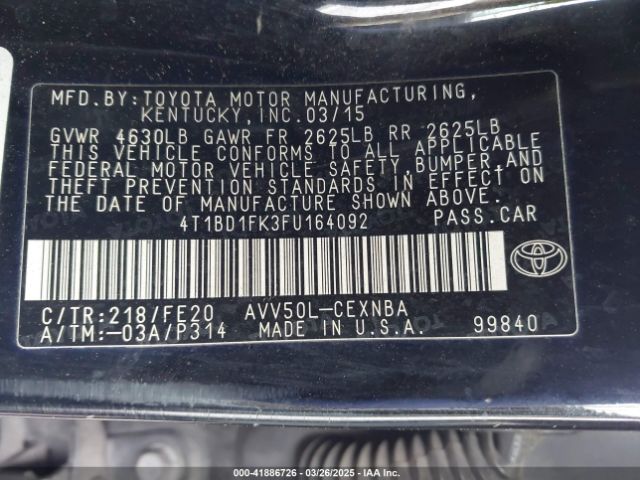 4T1BD1FK3FU164092 Toyota Camry Hybrid Le