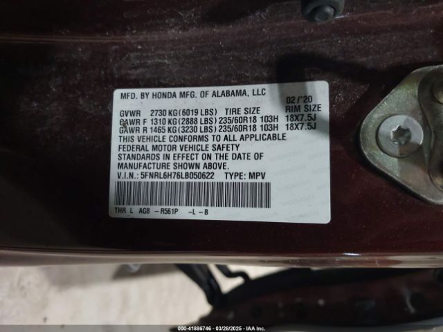 5FNRL6H76LB050622 Honda Odyssey Ex-l/ex-l W/navi   Res
